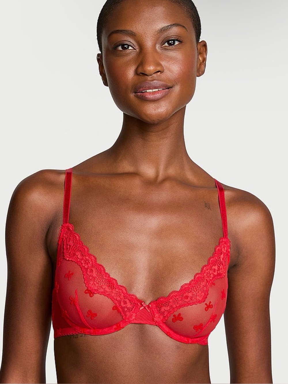 Victoria’s Secret Vermillion Red Bows Flocked Unlined Demi Bra Size 34D NWT